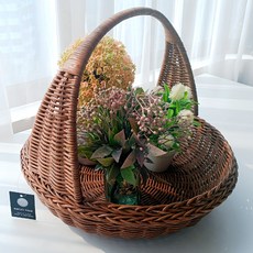 MAISONINDAHRATTANSHOP 藤編大尺寸附把手圓形託盤 藤編籃 N018H, 1個, 棕色
