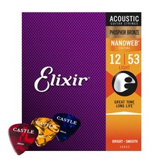 Elixir Nanoweb 磷青銅 Light 民謠吉他弦 012-053 + Castle 彈片 3片, 16052, 單一顏色, 1套