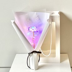 Midown Flower人造花全息玫瑰迷你花束 單支 LED變更 + 雪花人造花 + 購物袋, 雪白色, 1個