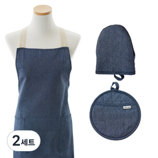PRELUDE 鯨魚牛仔圍裙+鍋子隔熱墊, 混色, 2套