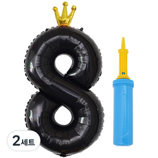 joyparty 鋁箔皇冠數字氣球 大 8 + 手動打氣筒組, 2套, 黑色(氣球), 顏色隨機出貨(手動打氣筒)