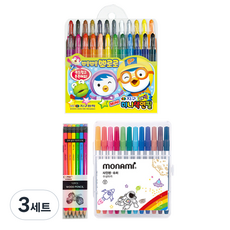 지구화학 뽀로로 미니 색연필 24색 + 투코비 코마 삼각지우개연필 TC-208 B 6종 x 2p + 모나미 슈퍼사인펜 12색 세트, 3세트