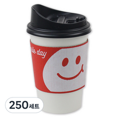 아이엔피 화이트 무지 종이컵 380ml + 블랙 롱개폐 뚜껑 + 스마일 레드 홀더 세트, 250세트