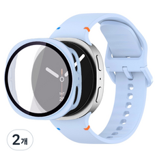 루아러블 갤럭시워치 액정보호 강화유리 필름 풀커버 하드 케이스 + 스포츠밴드 실리콘 스트랩 세트, 라이트블루, 2개
