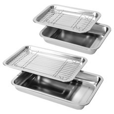 4BNK 無研磨劑廚房用方形全不鏽鋼託盤2件組, 1套, 托盤 小+大, 托盤 + 網架 + 托盤