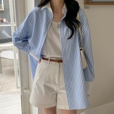 afinar 女款Oversize條紋撞色翻領長袖襯衫