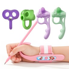 DADA 貓頭鷹圖案可調式防勾腕練習器 + 握筆器 五指長款 2個 + 三指短款 2個組, 4組, 粉色(練習器) + 隨機出貨(握筆器)