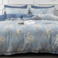 寢城之戀 台灣製 50支萊賽爾天絲兩用被床包組 雙人(5尺) 幽蘭藍 花朵, 兩用被床包組