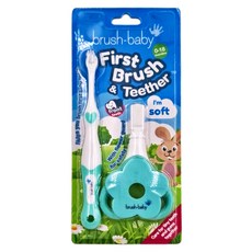 brush-baby 寶寶的第一套乳齒潔牙組, 0-18個月適用, 柔軟刷毛按摩牙齦, 愛心握把, 藍綠色 + 白色, 1組