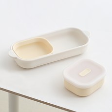 TACKAON 韓國製造 123 矽膠吸盤式 1 格餐盤 + 飯碗 + 湯碗 + 碗蓋組, 1套, 象牙白 + 黃色