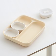 TACKAON 韓國製造 嬰幼兒用 123 矽膠吸附式3格餐盤 + 配料碗 3入 + 碗蓋 3入 組, 黃色 + 象牙白, 1套