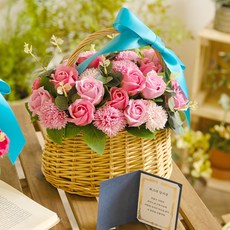 ASPASIA 香皂花 Adellin 30朵玫瑰康乃馨花籃 + 獎狀卡片組, 粉紅色, 1個