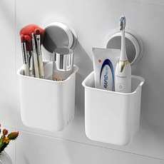 PICKYPICKS 黏貼式牙刷牙膏盥洗用具收納盒, 2個, 白色 + 灰色