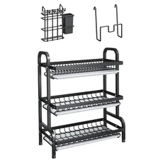 德利生活 多功能碗碟收納置物架 廚房碗盤瀝水架 精選碳鋼材質 無塵烤漆 安全防鏽, 3層, 黑色, 1組