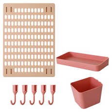 免打孔家用洞洞板置物架 Set 8, 洞洞板 42x30cm, 置物盤 20x10x3cm, 收納盒 10x8x8cm, 掛勾長 2.6cm, 粉色, 1組
