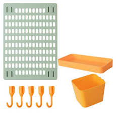 免打孔家用洞洞板置物架 Set 8, 洞洞板42x30，置物盤20x10x3，收納盒10x8x8，掛勾長2.6cm, 洞洞板綠色 + 配件組黃色, 1組