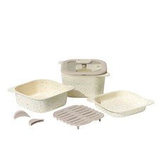 sillymann 電磁爐 Easy Way 金屬冰淇淋鍋具6件組 WTK090, 1套, 鍋具3件 + 矽膠蒸架 + 矽膠握把2入 + 玻璃鍋蓋, 餅乾奶油