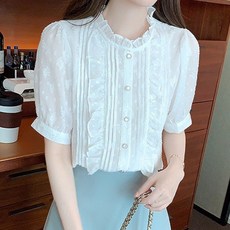 peilit 女款荷葉邊細節浪漫短袖襯衫