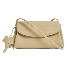 真皮頭層牛皮3隔層女士斜背包肩背包 附小象吊飾，可放零錢/手機/卡片/票據/化妝品, 淺杏色, 1個, 21x12x17cm