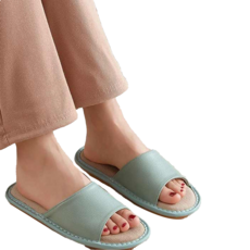 真皮頭層牛皮配亞麻防滑室內拖鞋 LS38, 淺綠, 1雙