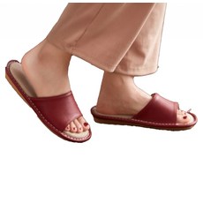 LIKE HOUSE 真皮頭層牛皮配亞麻防滑室內拖鞋, 26, 酒紅色, 1雙