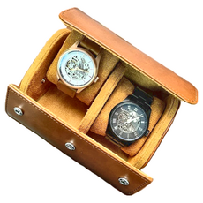 小小星球家 兩入手錶展示盒, PU皮+鹿皮, 適用錶徑5cm以內, 皮革棕, 1個