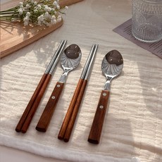 우드 커트러리 한식 2종 세트, 실버 + 브라운, 숟가락 2p + 젓가락 2쌍, 2세트