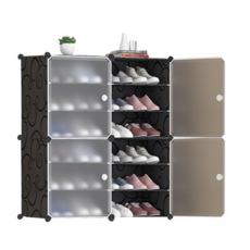 德利生活 側開二層組合鞋櫃 2列8層 + 置物架 + 雨傘架, 黑色, 8層