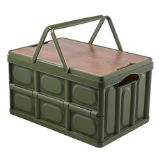 葉子小舖 手提露營摺疊箱 木蓋 野餐提籃 露營用品 30L 綠色, 小號, 1入