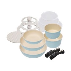 IRIS OHYAMA 愛麗思歐雅瑪 馬卡龍陶瓷塗層IH不沾鍋具13件組 CC-SE13N, 藍色, 1組, 平底鍋26cm+平底鍋20cm+炒鍋26cm+湯鍋20cm+湯鍋18cm+矽膠玻璃鍋蓋26cm+矽膠玻璃鍋蓋20cm+矽膠玻璃鍋蓋16cm+PE密封蓋26cm+PE密封蓋20cm+PE密封蓋16cm+把手*2+鍋墊