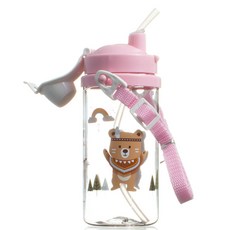 iNDi BEAR 小熊印花吸管背帶水壺, 粉色, 350ml