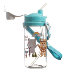 iNDi BEAR 小熊印花吸管背帶水壺, 天藍色, 350ml