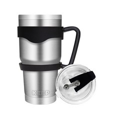 4YOU Keep大容量不鏽鋼保溫杯+密封吸管蓋+矽膠防滑手握組, 銀色, 900ml, 1組, 保溫杯+密封吸管蓋+雙環矽膠防滑手握組