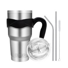 KEEP CAMPING 大容量不鏽鋼保溫杯+開放型吸管杯蓋+單環把手+吸管清潔刷組, 銀色, 900ml, 1組