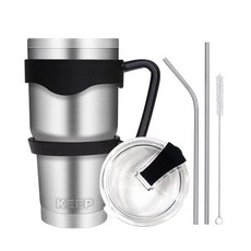 4YOU Keep大容量不鏽鋼保溫杯+密封吸管蓋+矽膠防滑手握+吸管+清潔刷組, 銀色, 900ml, 1組
