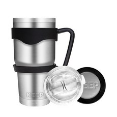 KEEP CAMPING 大容量不鏽鋼保溫杯+開放型吸管杯蓋+雙環把手+矽膠杯底保護套組, 銀色, 900ml, 1組