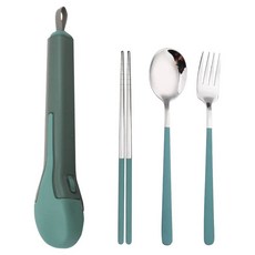 彈跳便攜餐具組 三件套 137g 方便收納, 筷子 + 湯匙 + 叉子, 藍銀色, 1組