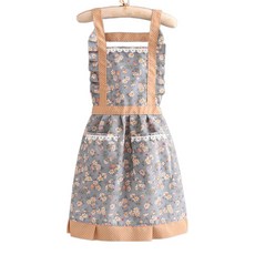 Leovince 簡約素雅帆布吊帶花卉圍裙, 藍色