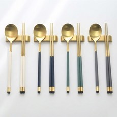 Bogen 韓國製方形雙色鍍金湯筷 + 筷架4人份餐具組, 1套, 湯匙 4p + 筷子 4p + 不鏽鋼銀色湯筷架 4p, 白色, 藍色, 橄欖綠, 炭灰色