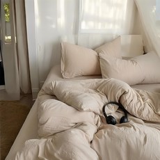 Hoom禾馨生活 柔軟微皺水洗棉床包, 法式奶茶(純色.雙拼)-1.8單床套, 加大雙人 200 x 180cm