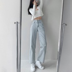 女款 多碼復古高腰三排釦顯瘦直筒丹寧寬褲, L, 淺藍