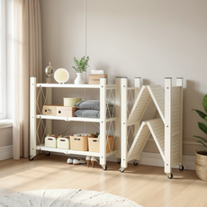 오브민 원터치 폴딩 이동식 수납 접이식 철제선반, 화이트, 3단