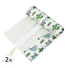 쁘띠양 귀여운 무늬 캔버스 롤형 필통 48홀, 선인장, 2개
