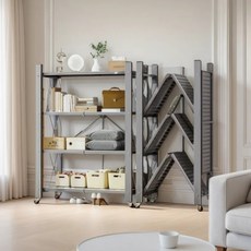 오브민 원터치 이동식 수납 접이식 철제선반, 블랙, 4단