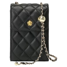 真皮牛皮菱格紋鍊條肩揹包手機小包女包, 12 x 18 x 7cm, 黑色