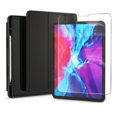 Shinjimoru Smart Cover Apple Pencil 收納平板電腦保護套 + Shinji Glass 9H 全罩鋼化玻璃液晶保護膜 2p 套裝, 黑色, 1組