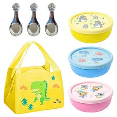 KOM 316不鏽鋼兒童隔熱碗套裝, 雙層隔熱不燙手, 附304不鏽鋼匙, 矽膠蓋, 含專屬餐袋(顏色款式隨機), 獅子+企鵝+鯨魚, 1組