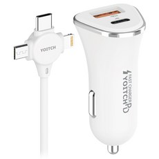 Yoitch V-ALVIN 車用 QC 3.0 雙孔高速充電器 + 3合1 1.2m 充電線套組, 白色, R44PDQC36W