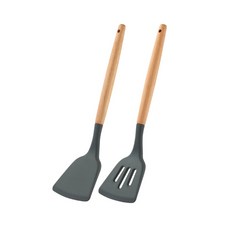 JUST HOME 櫸木柄耐熱矽膠炒鏟煎鏟2件組, 食品級矽膠材質不傷鍋具, 1組, 灰色