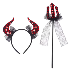 摩達客 COSPLAY派對變裝扮 蕾絲菱格牛角造型配件二件組, 髮箍 + 仙女棒 黑色 + 紅色, 1組